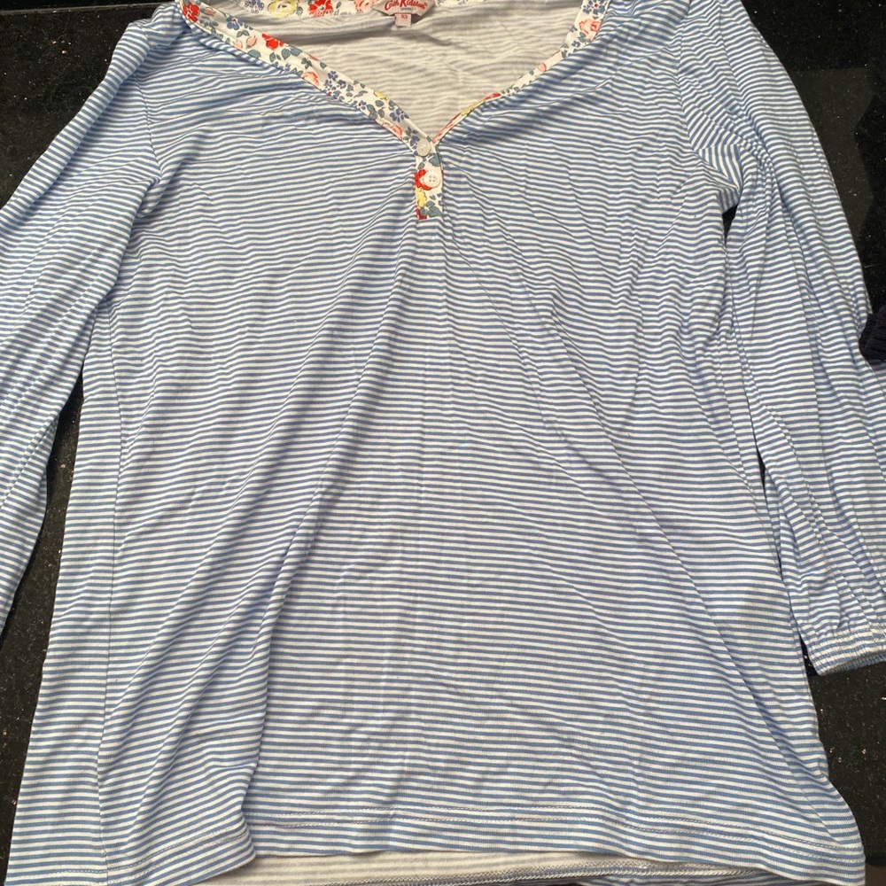 EUC Cath Kidston Light Blue Striped Blouse with Floral Trim